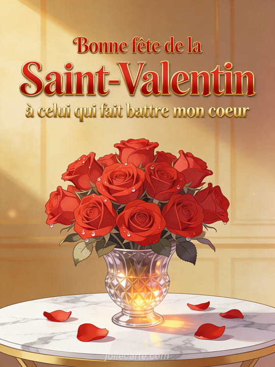 Bouquet de roses rouges luxueux dans un vase en cristal sur table en marbre avec le texte Bonne fête de la Saint-Valentin