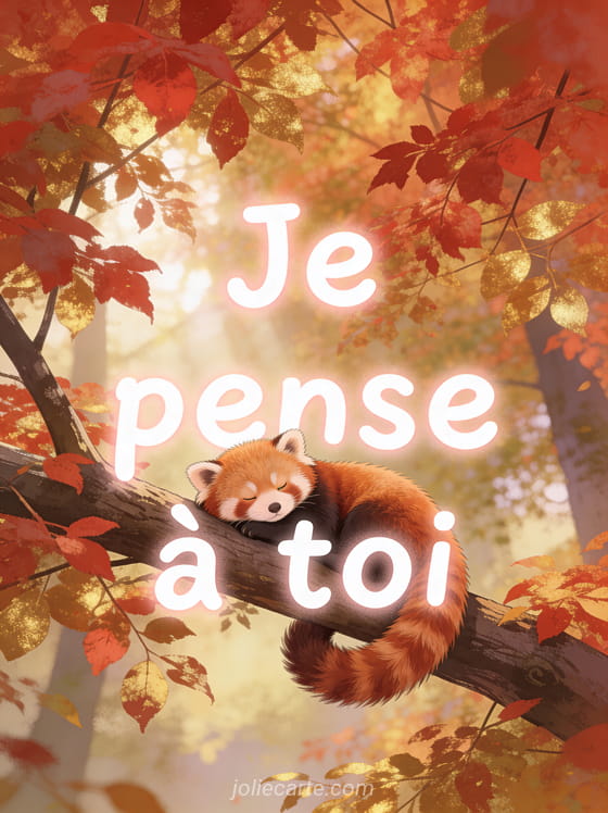 Panda roux endormi sur une branche avec feuillage automnal rouge et or et le texte Je pense à toi