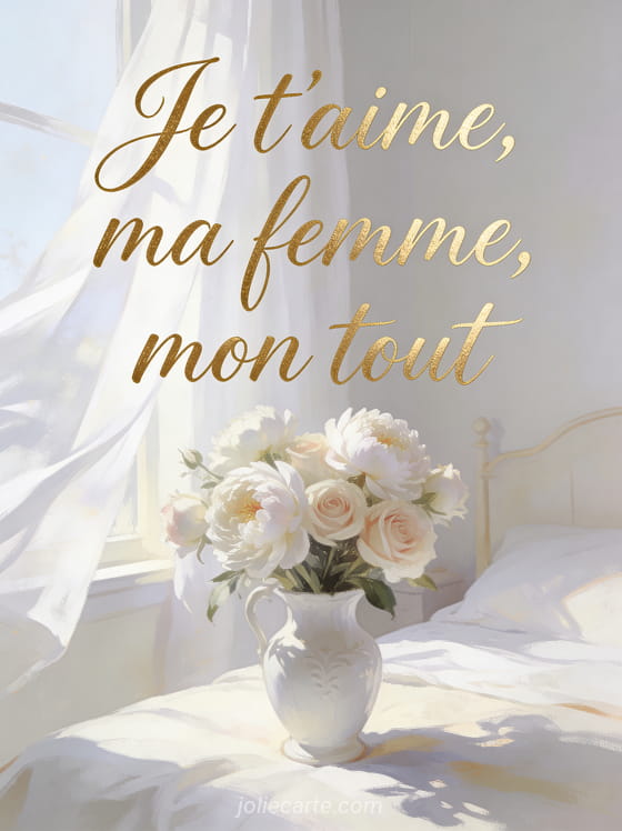 Bouquet de pivoines blanches et roses dans un vase en porcelaine avec rideaux blancs et lumière matinale et le texte Je t'aime ma femme