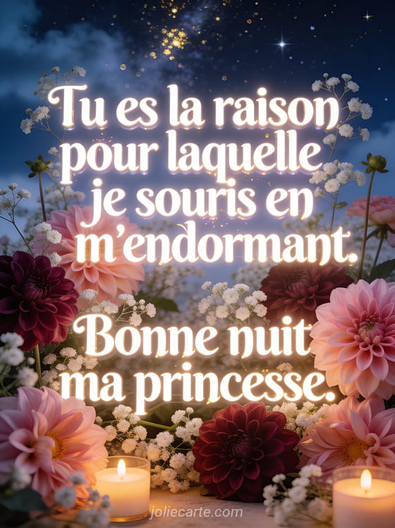 Dahlias roses et bordeaux avec gypsophiles et bougies sous un ciel étoilé et le texte Bonne nuit pour elle