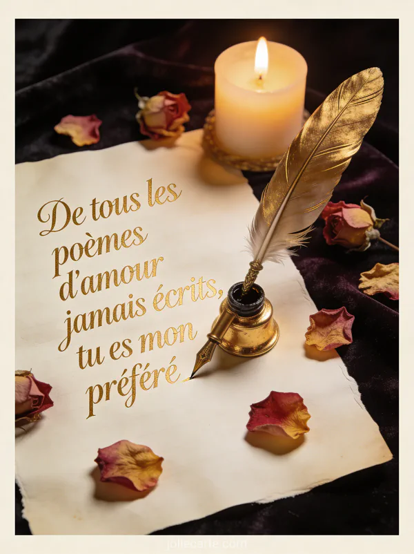 Plume d'oie et encrier doré sur parchemin avec pétales de rose et lumière de bougie et le texte Tu es mon préféré