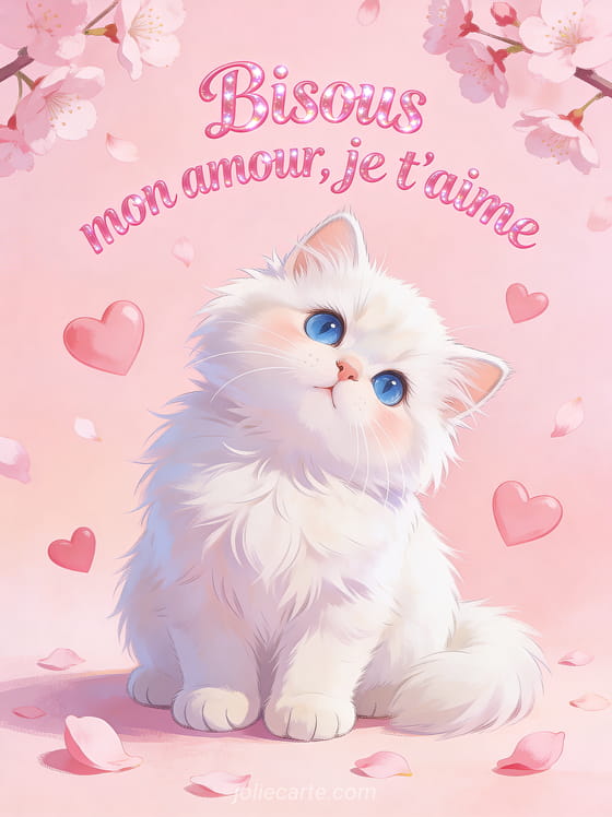 Chaton persan blanc aux yeux bleus entouré de cœurs roses et pétales de cerisier sur fond rose avec le texte Bisous mon amour je t'aime