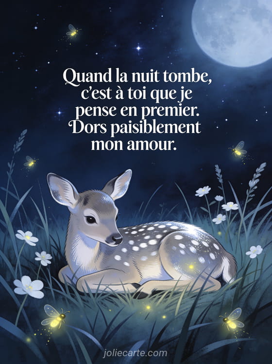 Faon tacheté couché dans l'herbe avec fleurs sauvages et lucioles sous un ciel étoilé et le texte Bonne nuit mon amour