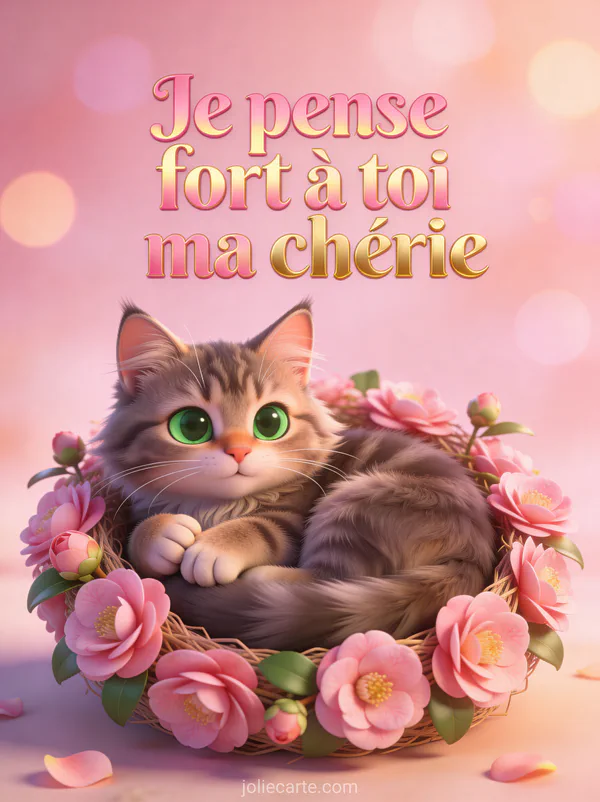 Chaton maine coon aux grands yeux verts dans un nid de camélias roses avec bokeh rose et le texte Je pense fort à toi ma chérie