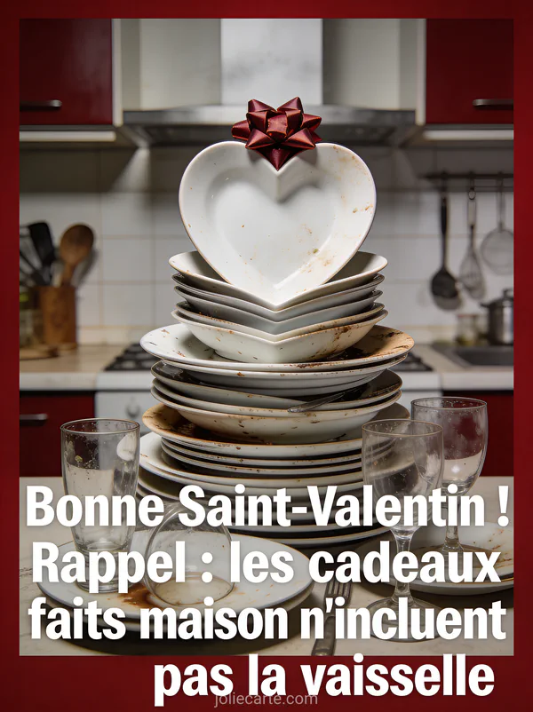 Pile d'assiettes et verres sales empilés en forme de cœur avec un nœud cadeau et le texte Les cadeaux faits maison n'incluent pas la vaisselle