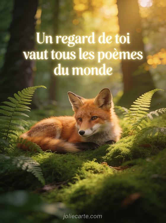 Renard roux au regard tendre couché dans la mousse verte en sous-bois avec le texte Un regard de toi