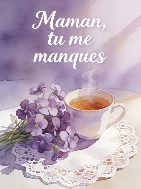 Tasse de tisane fumante à côté d'un bouquet de violettes sur un napperon en dentelle avec le texte Maman tu me manques
