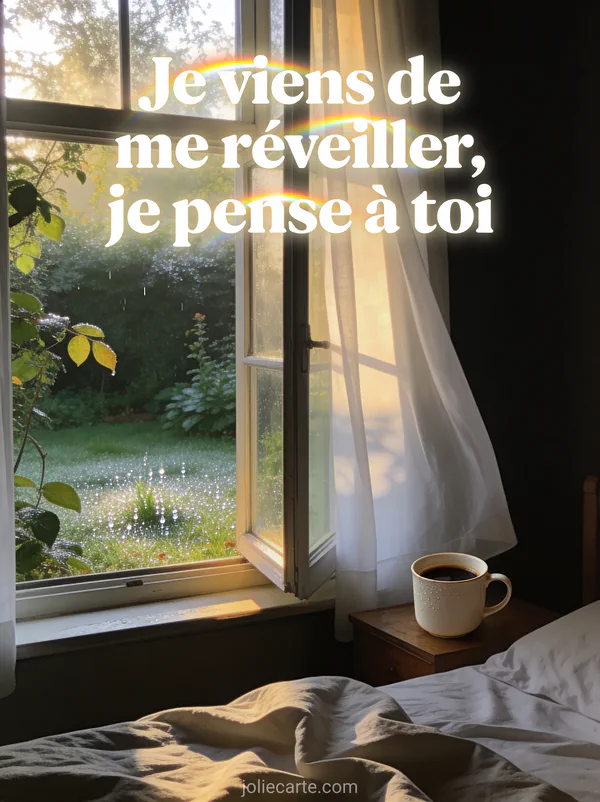 Fenêtre ouverte sur jardin avec rideaux blancs café sur la table de nuit et lumière dorée du matin et le texte Je viens de me réveiller je pense à toi