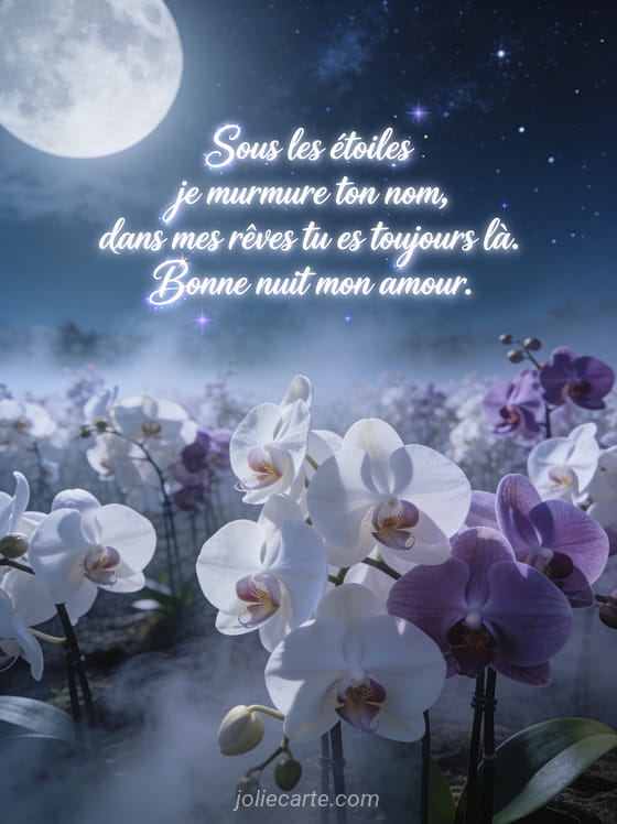 Champ d'orchidées blanches et mauves sous un ciel étoilé avec brume légère et le texte Poème bonne nuit mon amour