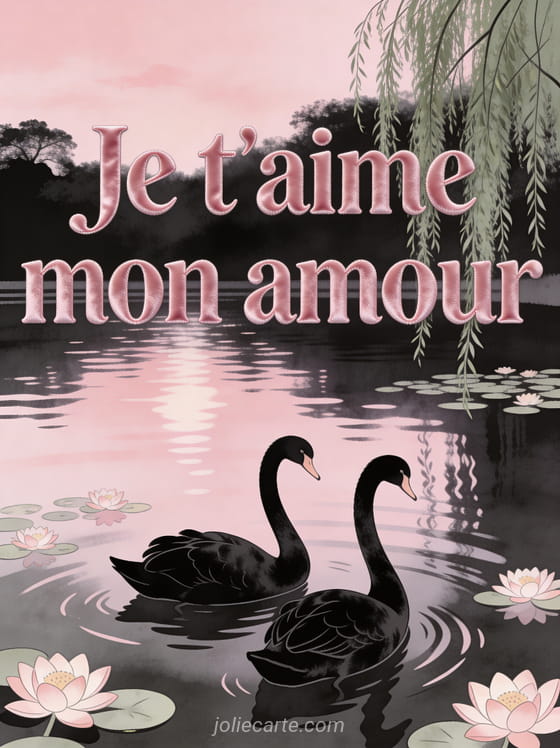 Couple de cygnes noirs sur un lac paisible avec nénuphars et le texte Je t'aime mon amour en lettres roses