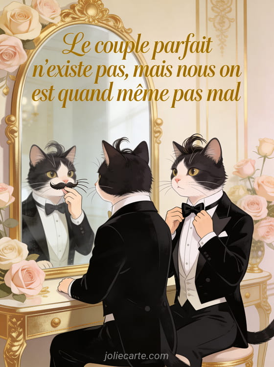 Deux chats tuxedo devant un miroir l'un se lissant les moustaches l'autre ajustant un nœud papillon avec le texte Le couple parfait n'existe pas mais on est pas mal