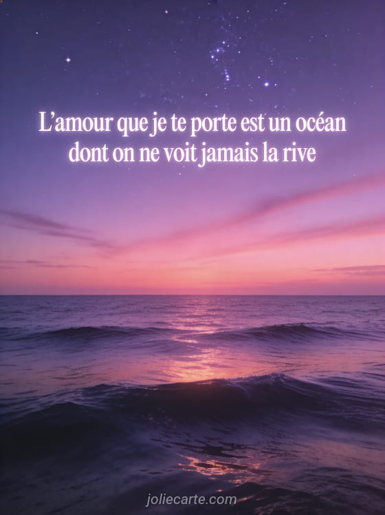 Océan calme au crépuscule sous un ciel violet et rose avec horizon infini et le texte Un océan sans rive