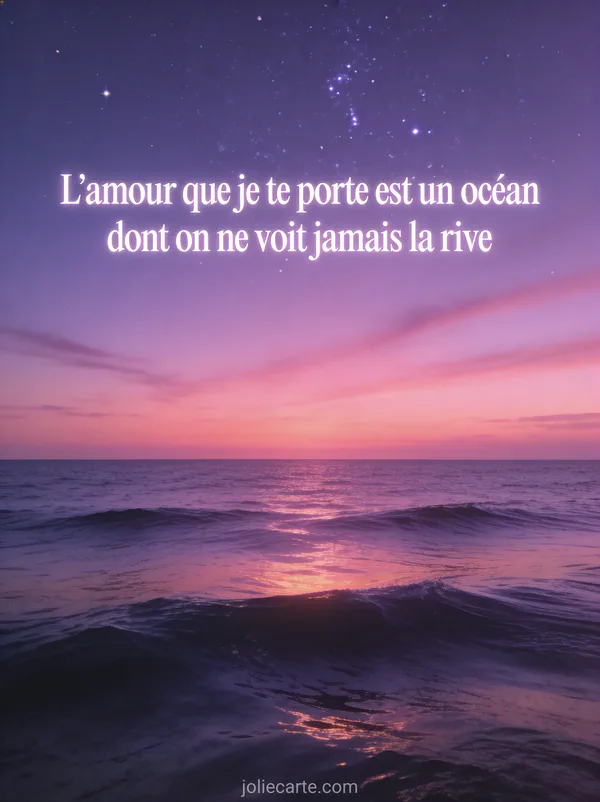 Océan calme au crépuscule sous un ciel violet et rose avec horizon infini et le texte Un océan sans rive