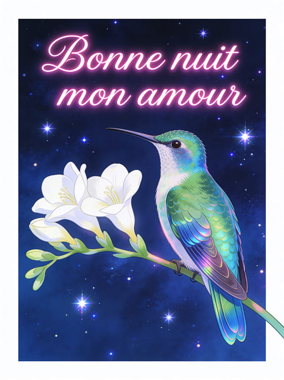 Colibri aux plumes iridescentes posé sur une branche de freesia blanc sous un ciel étoilé et le texte Bonne nuit