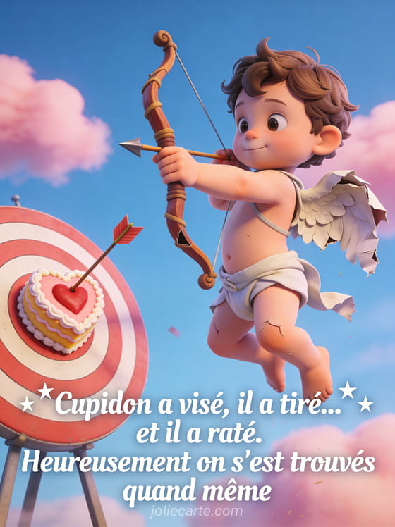 Petit chérubin maladroit avec ailes froissées et arc tordu flèche plantée dans un gâteau en cœur avec le texte Cupidon a visé il a tiré et il a raté