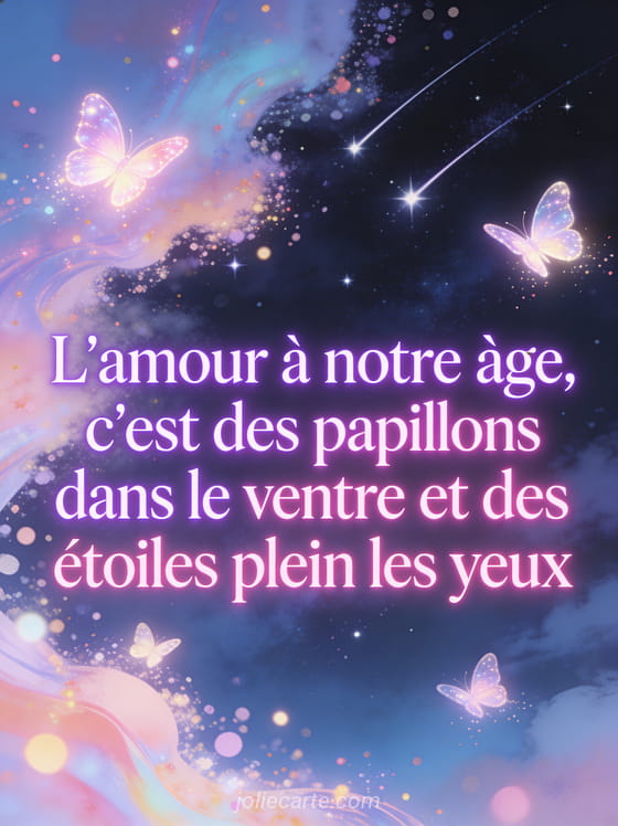 Ciel nocturne avec étoiles filantes et papillons lumineux scintillants et le texte Des papillons et des étoiles