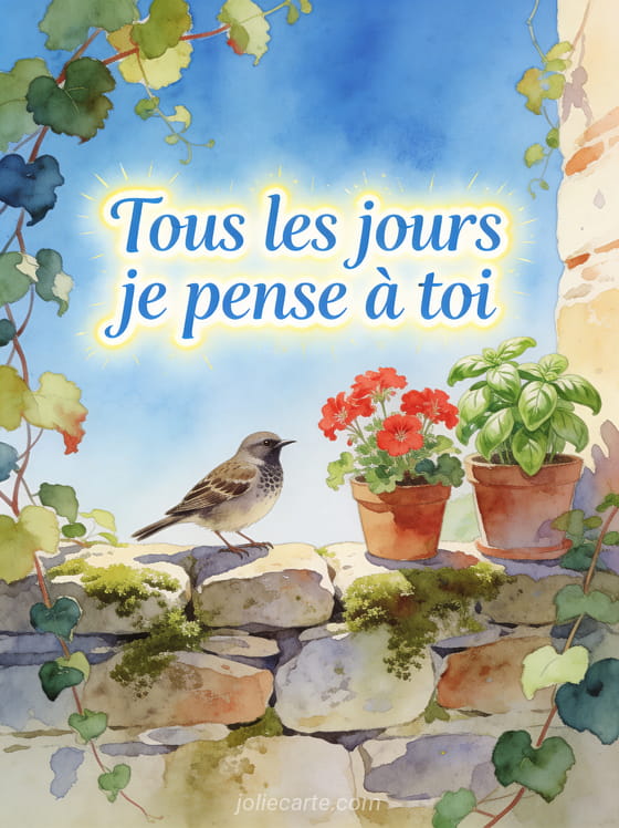 Merle posé sur un muret de pierres avec géraniums et vignes grimpantes sous un ciel bleu et le texte Tous les jours je pense à toi
