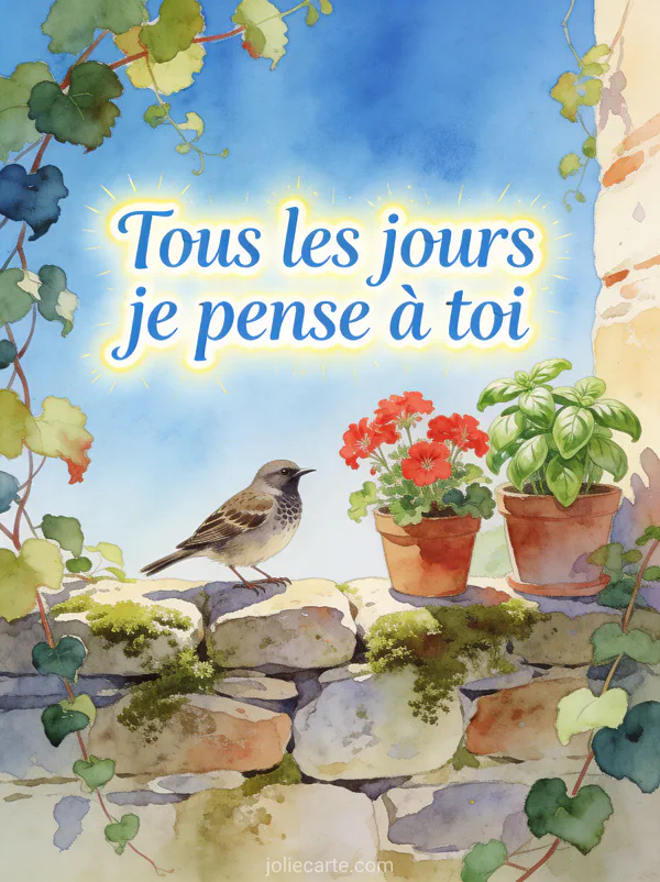 Merle posé sur un muret de pierres avec géraniums et vignes grimpantes sous un ciel bleu et le texte Tous les jours je pense à toi