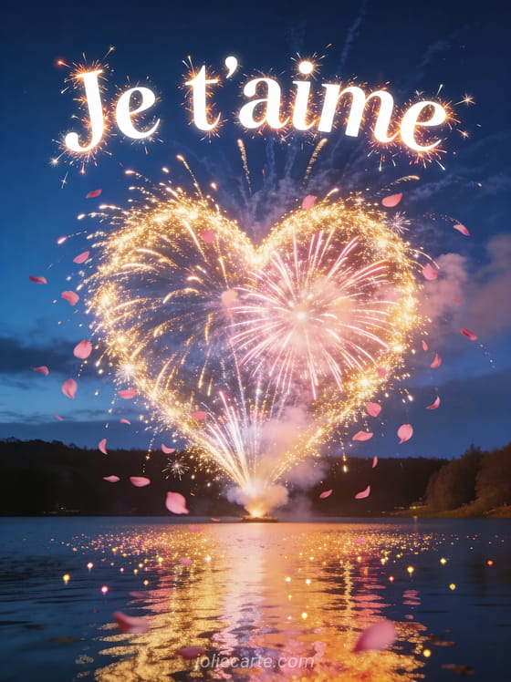 Feu d'artifice en forme de cœur éclatant dans un ciel nocturne avec reflets dans un lac et le texte Je t'aime