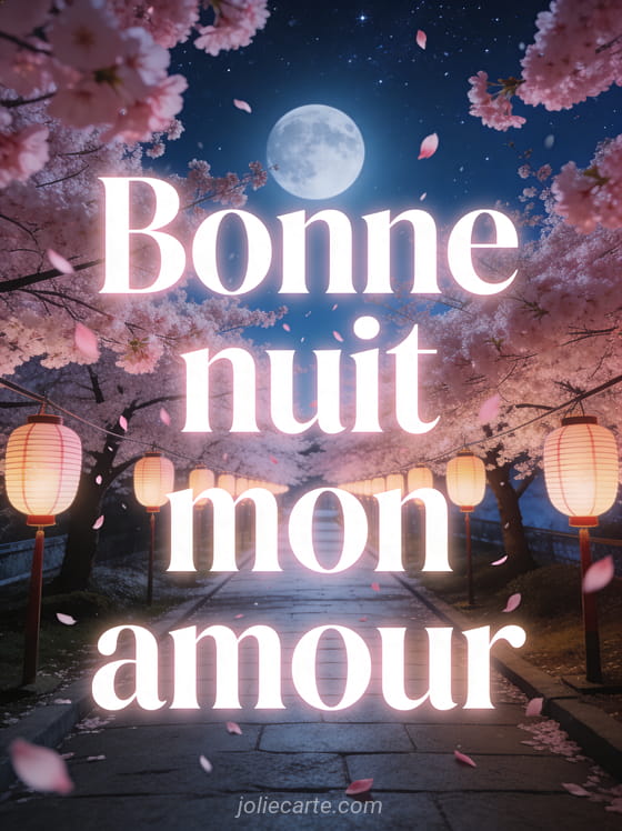 Allée de cerisiers en fleurs roses avec lanternes japonaises sous un ciel étoilé et le texte Bonne nuit mon amour
