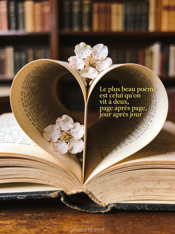 Livre ancien ouvert avec pages formant un cœur et fleurs de cerisier pressées et le texte Le plus beau poème