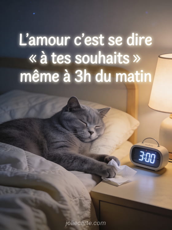 Chat bleu russe endormi avec un mouchoir dans la patte et un réveil indiquant 3h du matin avec le texte L'amour c'est dire à tes souhaits même à 3h du matin