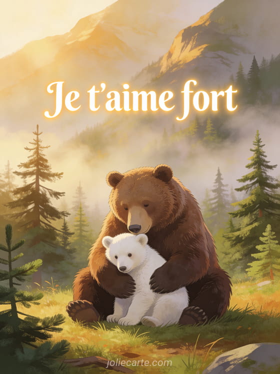 Ourse brune et ourson blotti contre elle dans une clairière de montagne avec brume et lumière dorée et le texte Je t'aime fort