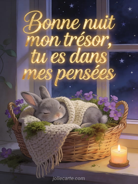 Petit lapin bélier gris endormi dans un panier d'osier avec violettes et bougie et le texte Bonne nuit mon trésor