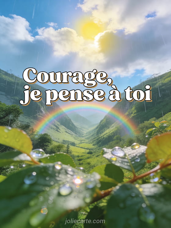 Arc-en-ciel lumineux au-dessus d'une vallée verdoyante après la pluie avec soleil perçant les nuages et le texte Courage je pense à toi