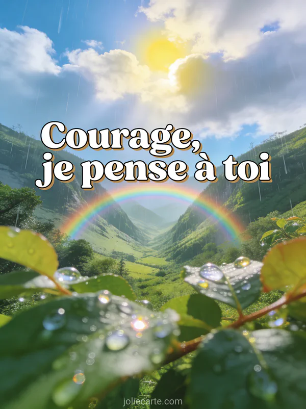 Arc-en-ciel lumineux au-dessus d'une vallée verdoyante après la pluie avec soleil perçant les nuages et le texte Courage je pense à toi