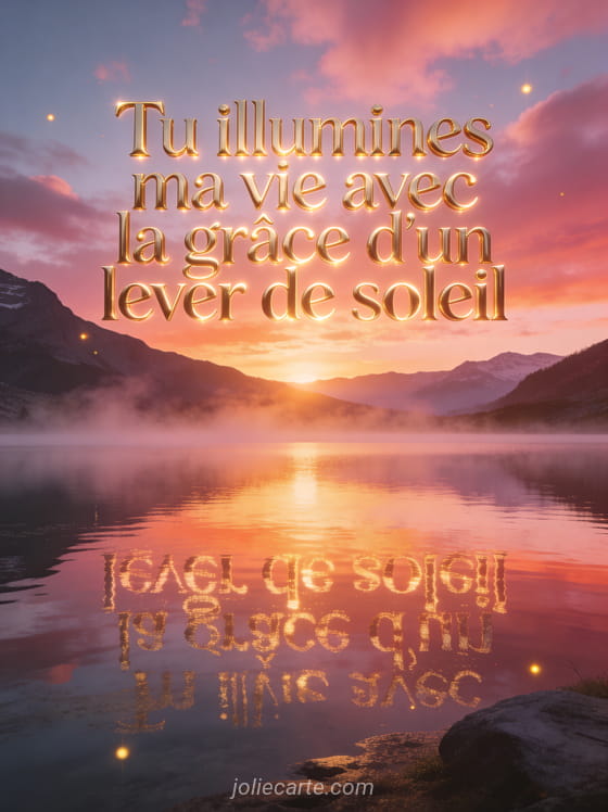 Lever de soleil rose et doré sur un lac de montagne avec reflets et brume et le texte Tu illumines ma vie