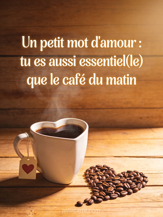 Tasse de café fumante en forme de cœur avec petit mot d'amour et grains de café formant un cœur sur fond bois avec le texte Tu es aussi essentiel que le café