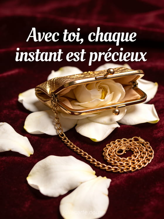 Montre à gousset dorée ouverte sur pétales de gardénia blanc et velours bordeaux avec le texte Avec toi chaque instant est précieux