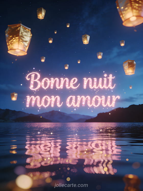 Lanternes flottantes dorées s'élevant dans un ciel nocturne au-dessus d'un lac et le texte Bonne nuit mon amour