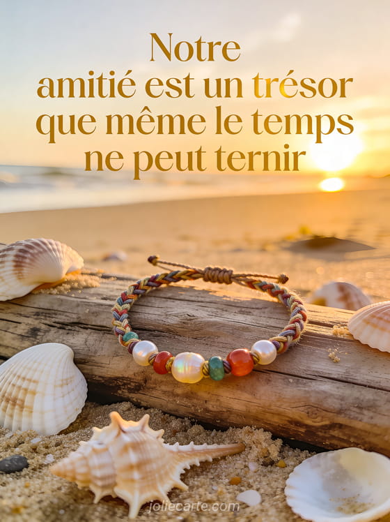 Bracelet tressé avec perles colorées sur bois flotté et coquillages avec le texte Notre amitié est un trésor