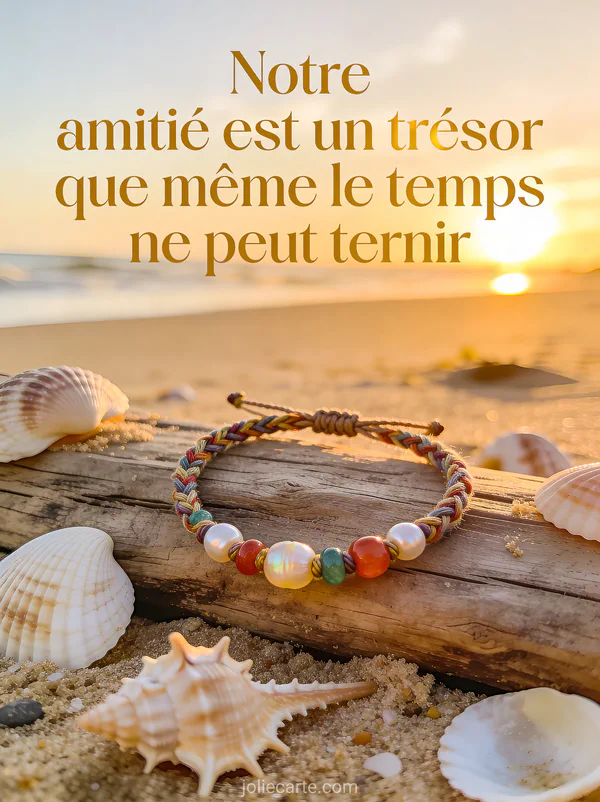 Bracelet tressé avec perles colorées sur bois flotté et coquillages avec le texte Notre amitié est un trésor