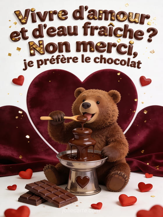 Ours brun gourmand devant une fontaine de chocolat en forme de cœur avec cuillère et tablettes avec le texte Je préfère le chocolat