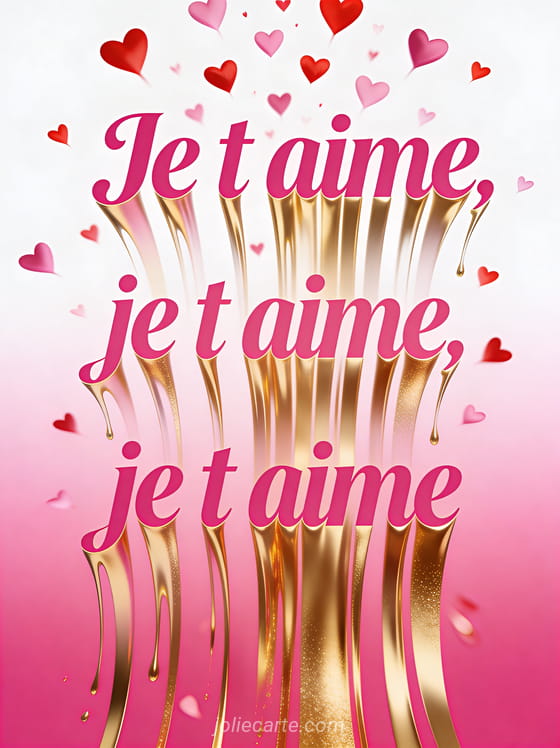 Texte Je t'aime répété trois fois en cascade avec pluie de cœurs rouges et roses sur fond dégradé rose