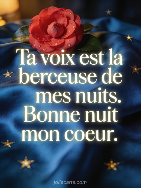 Camélia rouge avec rosée sur soie bleu nuit avec étoiles dorées et le texte Bonne nuit mon cœur