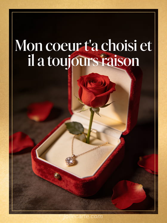 Écrin à bijoux en velours rouge ouvert avec rose rouge à l'intérieur et le texte Mon cœur t'a choisi
