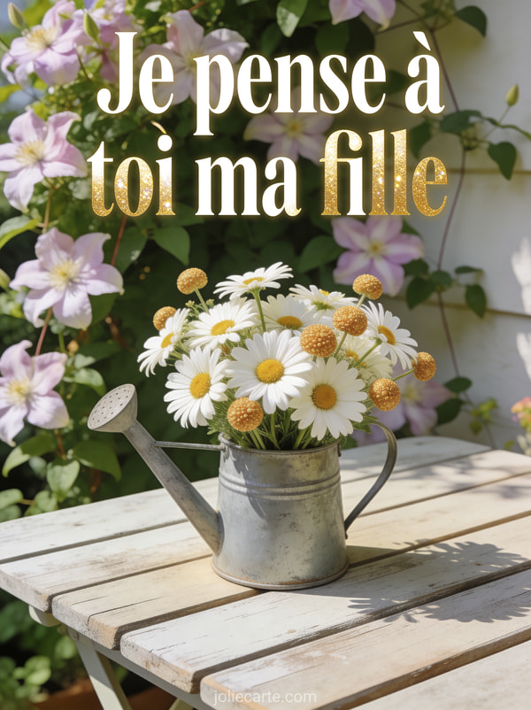 Bouquet de marguerites et boutons d'or dans un arrosoir en zinc sur table de jardin avec clématite et le texte Je pense à toi ma fille