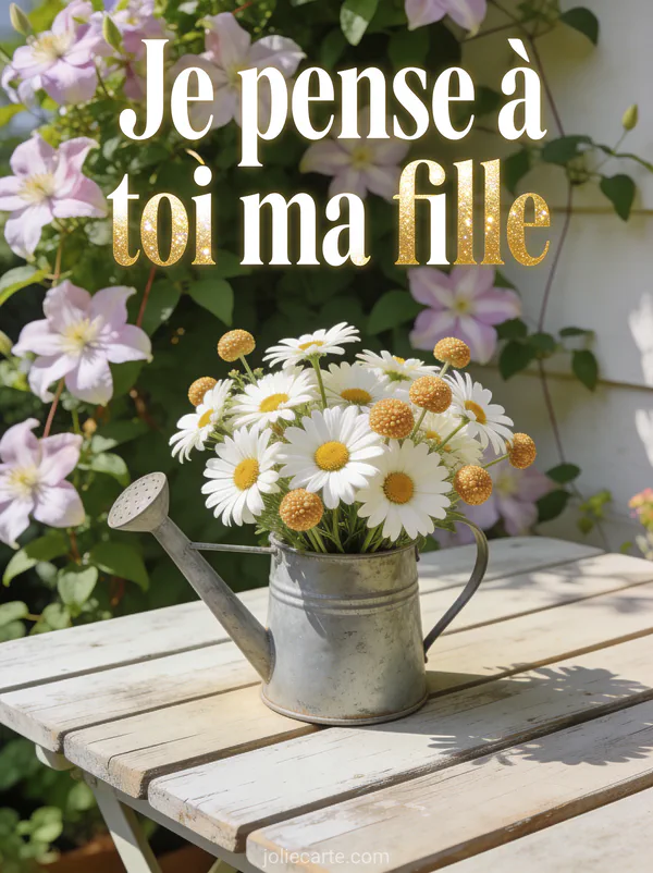 Bouquet de marguerites et boutons d'or dans un arrosoir en zinc sur table de jardin avec clématite et le texte Je pense à toi ma fille
