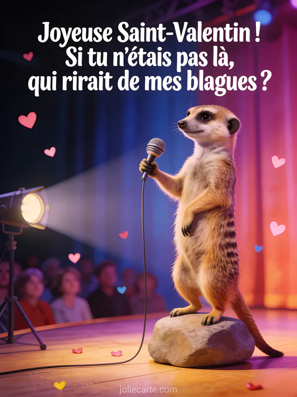 Suricate debout en posture de stand-up avec un micro miniature et projecteur avec des cœurs et le texte Qui rirait de mes blagues