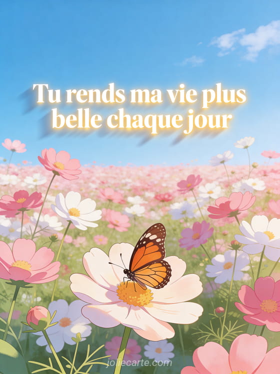 Champ de cosmos roses et blancs avec papillon monarque sous un ciel bleu limpide et le texte Tu rends ma vie plus belle chaque jour