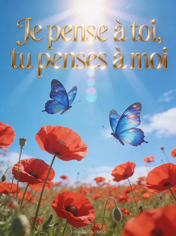Deux papillons bleus morpho volant l'un vers l'autre au-dessus d'un champ de coquelicots et le texte Je pense à toi tu penses à moi