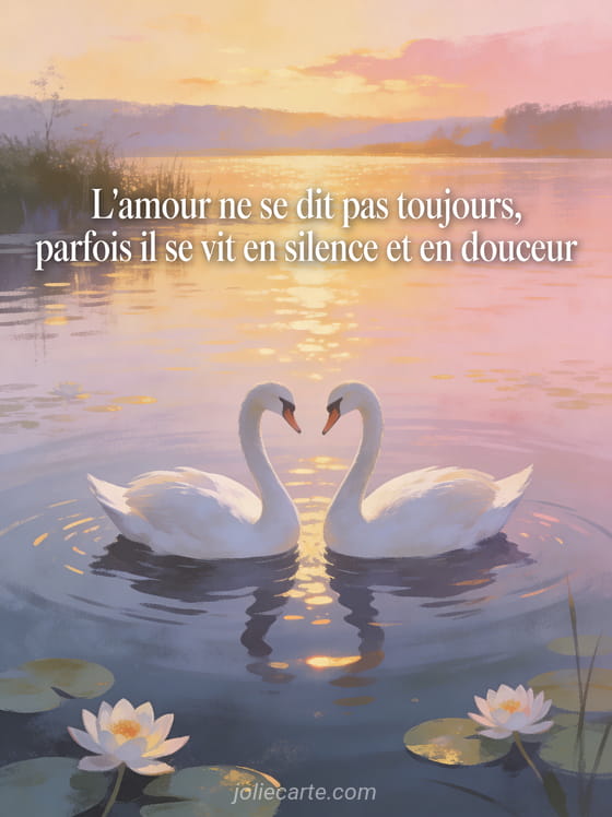 Deux cygnes blancs côte à côte sur un lac calme au crépuscule avec nénuphars et le texte L'amour se vit en silence