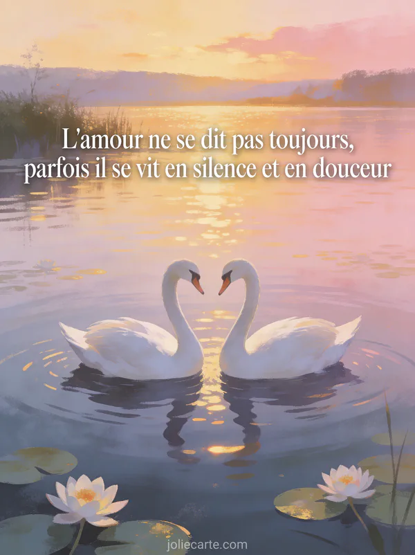Deux cygnes blancs côte à côte sur un lac calme au crépuscule avec nénuphars et le texte L'amour se vit en silence