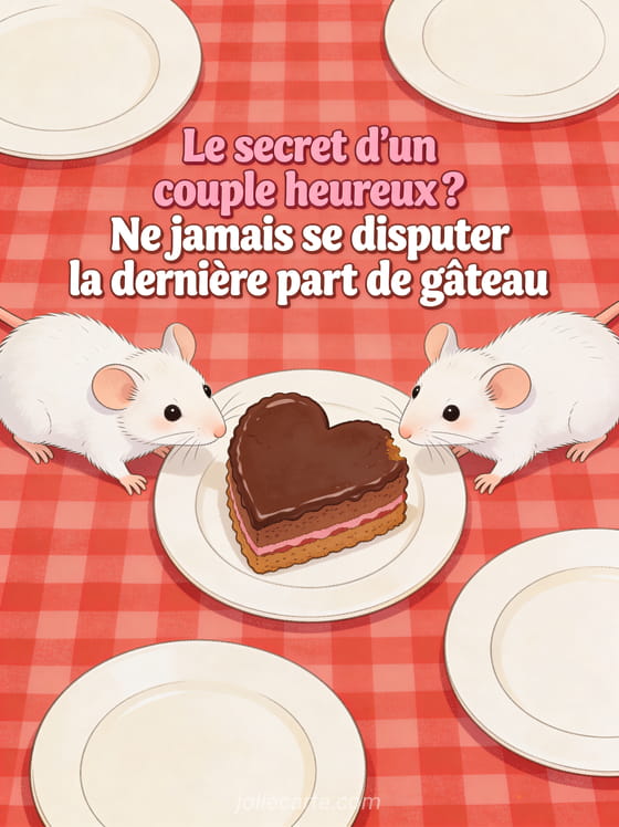 Deux souris blanches fixant la dernière part d'un gâteau au chocolat en forme de cœur avec le texte Le secret d'un couple heureux la dernière part de gâteau