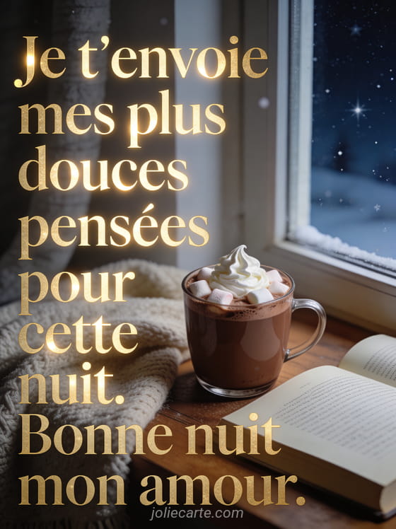 Tasse de chocolat chaud avec marshmallows près d'une fenêtre étoilée avec plaid et le texte Bonne nuit mon amour