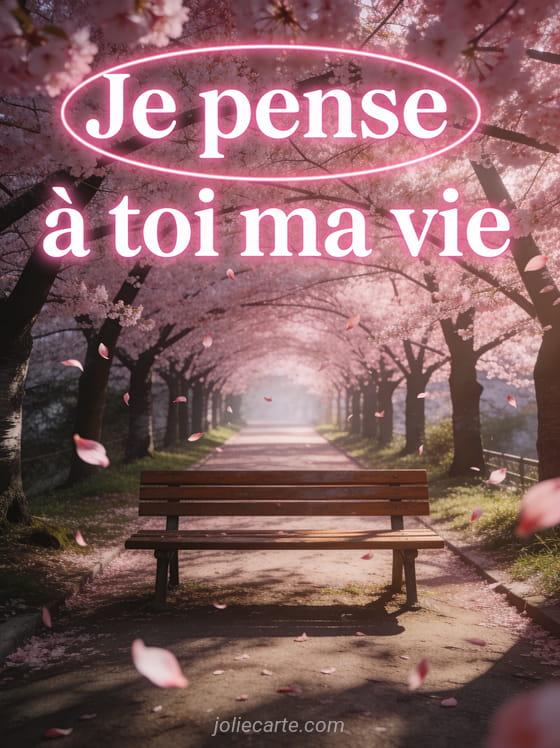Allée de cerisiers en fleurs formant un tunnel rose avec pétales volants et banc en bois et le texte Je pense à toi ma vie